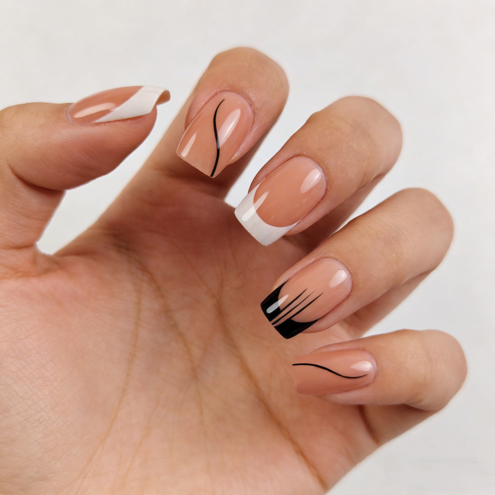 Chic Elegance Short Square Beige Set with Striking Black and White Design