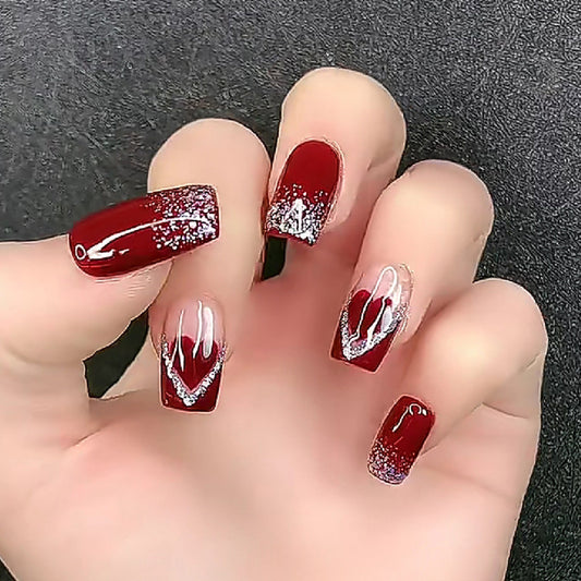 Romantic Elegance Medium Square Deep Red with Glitter Heart Accents Press On Nail Set