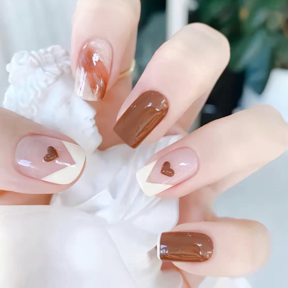 Sweet Chocolate Dream Medium Square Brown and Beige with Heart Detail Press-On Nail Set