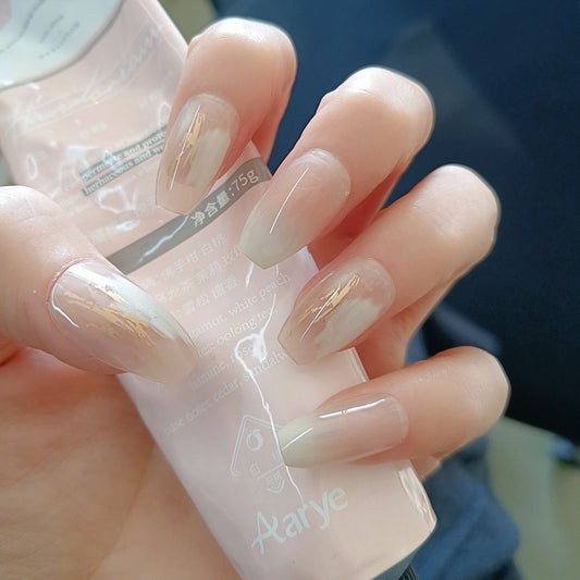 Glamorous Elegance Long Coffin Ombre Beige with Shimmering Gold Accents Press-On Nail Set