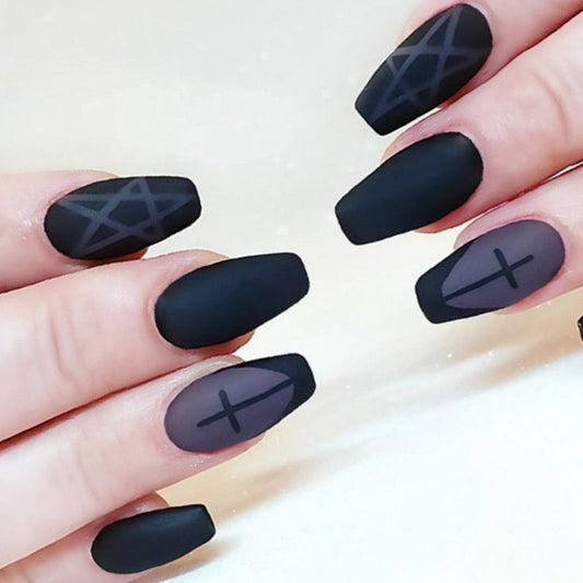Mystical Noir Medium Coffin Black Matte Press On Nail Set with Intricate Geometric Designs
