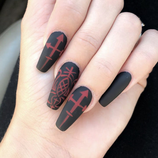Mystical Elegance Extra Long Coffin Black Matte Press On Nail Set with Artistic Red Designs