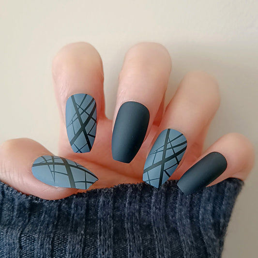 Mystical Elegance Long Coffin Matte Blue with Striking Geometric Pattern Press On Nail Set