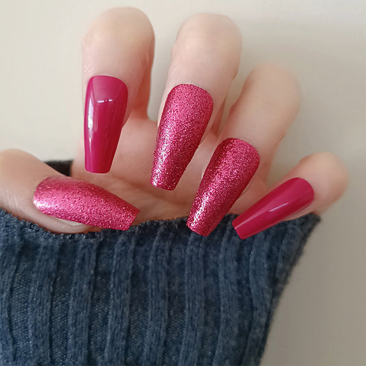 Glamorous Sparkle Long Coffin Burgundy Press on Nail Set with Glitter Accent