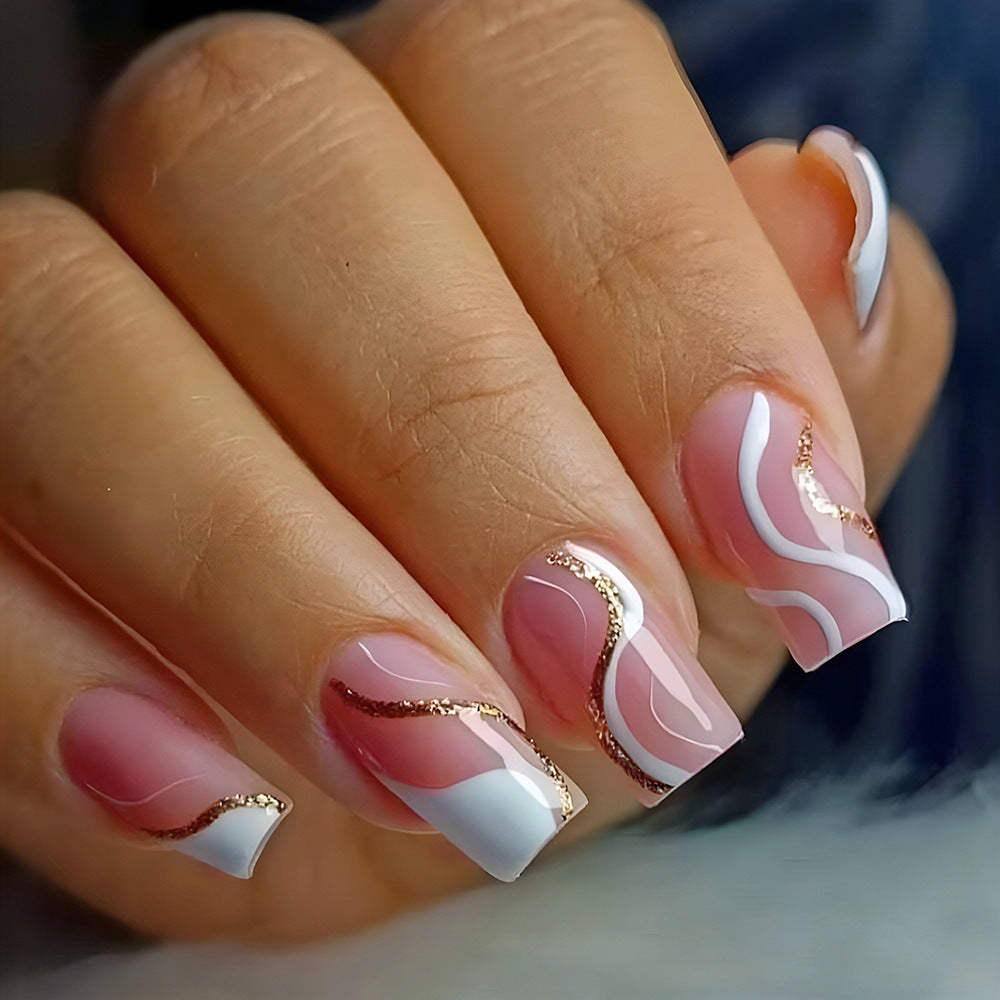 Chic Elegance Medium Square Pink with White Swirls and Gold Accent Nail Set