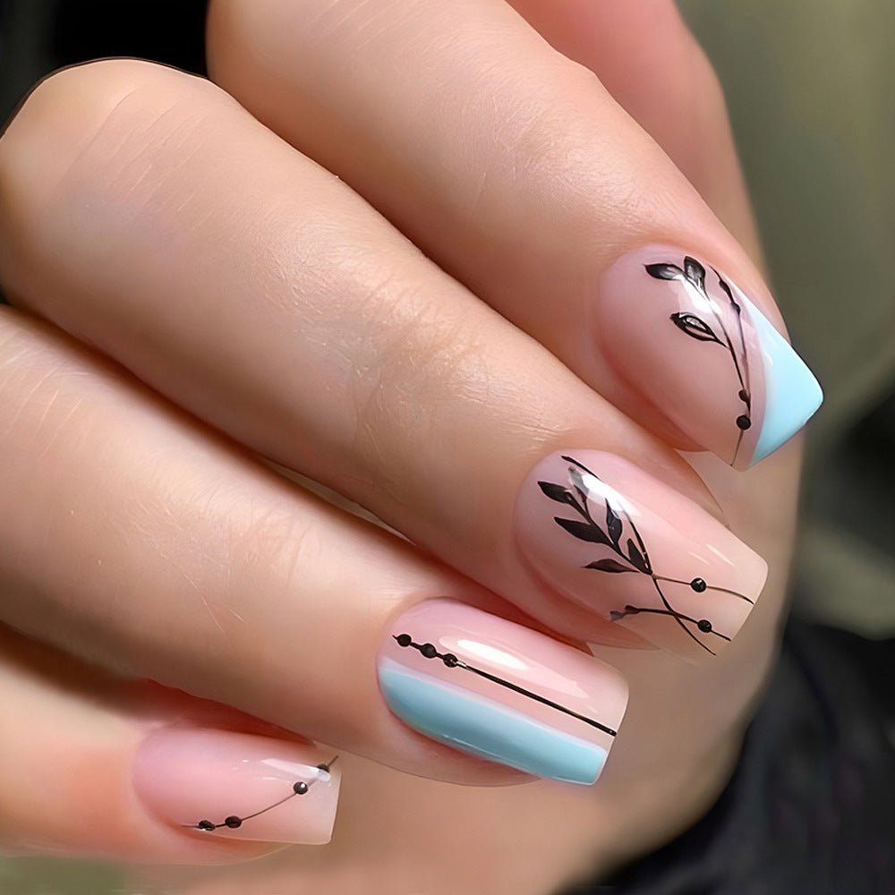 Botanical Bliss Medium Square Press On Nail Set in Soft Pink and Sky Blue with Elegant Leaf Design