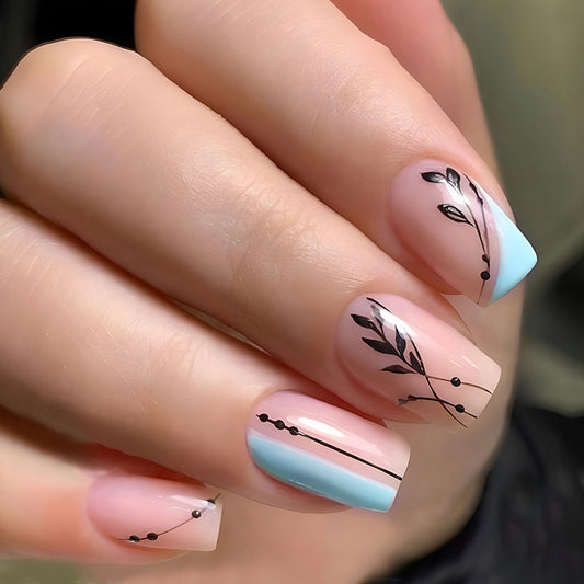 Botanical Bliss Medium Square Press On Nail Set in Soft Pink and Sky Blue with Elegant Leaf Design