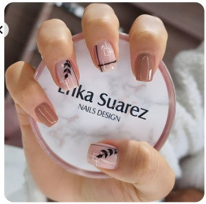 Elegant Autumn Hues Short Square Beige Nails with Minimalist Geometric Patterns