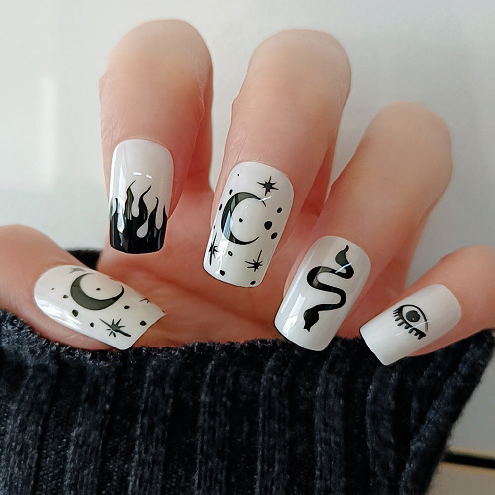 Mystical Night Sky Medium Square White with Black Cosmic Designs Press On Nail Set