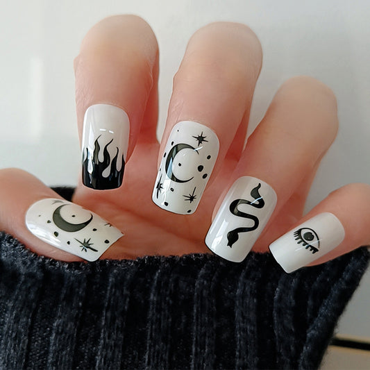 Mystical Night Sky Medium Square White with Black Cosmic Designs Press On Nail Set