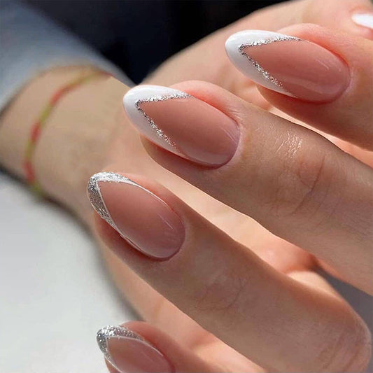 Chic Elegance Medium Almond Shape Pink with Silver Glitter Edge Press On Nail Set