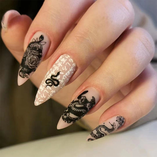 Mystical Garden Long Almond Pink Press On Nail Set with Intricate Black Designs