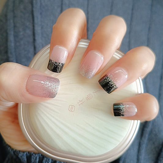 Glamorous Charm Medium Square Pink with Black Glitter Tip Press on Nail Set