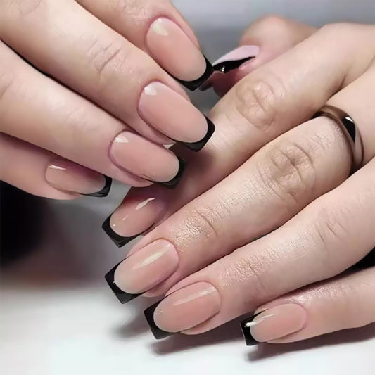 Elegant Twilight Medium Square Beige with Bold Black Tips and Glossy Finish Press On Nail Set