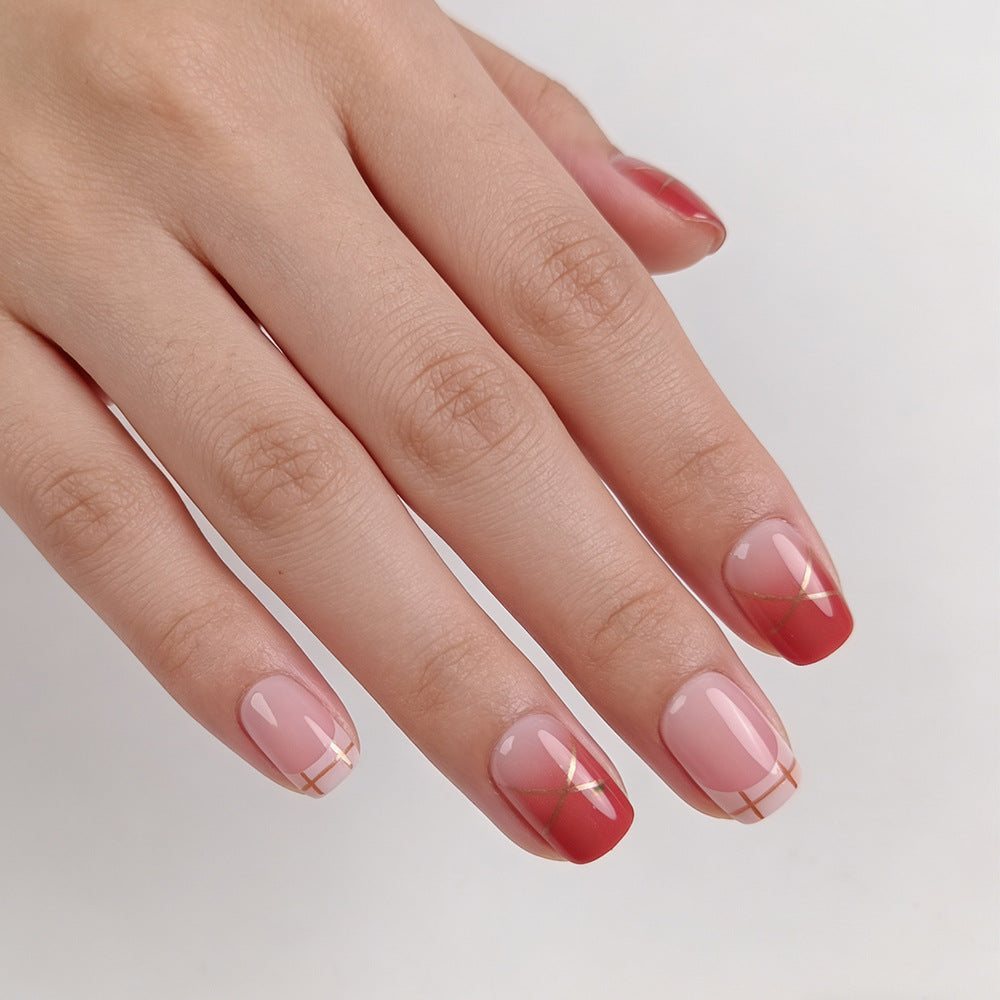 Glamorous Elegance Medium Square Gradient Red and Pink Press On Nail Set with Gold Accent Design