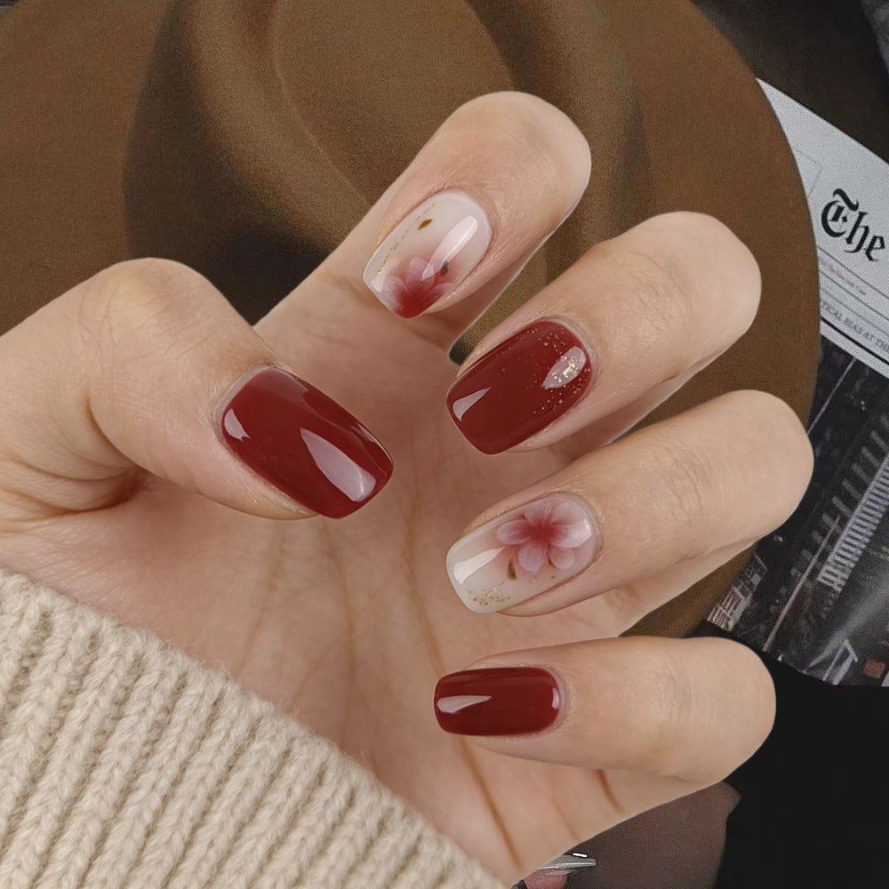 Blossom Elegance Medium Square Burgundy with Floral Design Press-On Nail Set