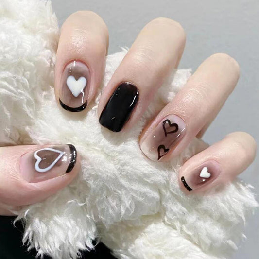 Charming Love Short Square Black and White Heart Design Press on Nail Set