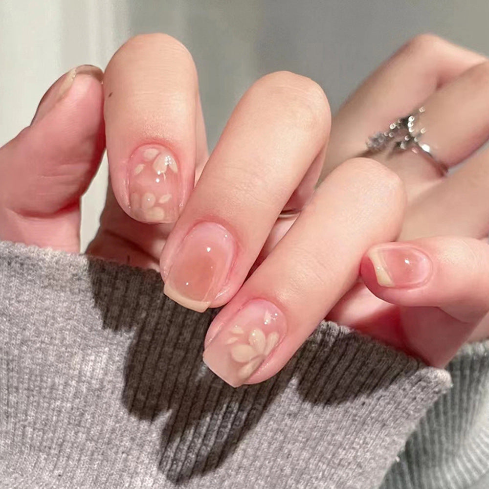 Whimsical Garden Chic Medium Square Beige with Delicate Floral Accents Press On Nail Set