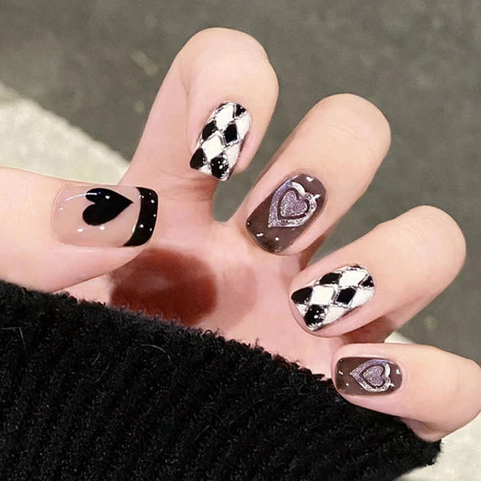 Charming Love Theme Short Square Press On Nail Set in Black and White with Heart and Diamond Designs