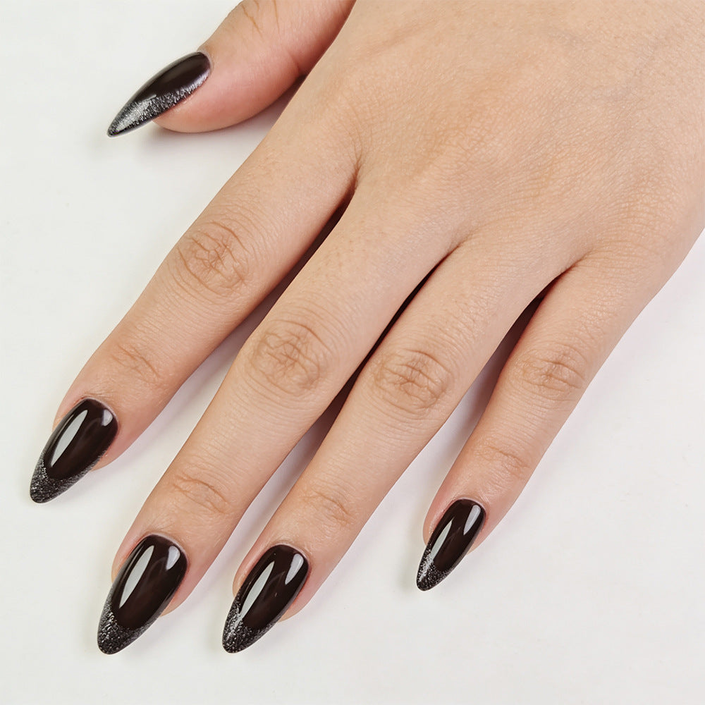Gothic Elegance Long Almond Dark Black Nails with Sparkling Gradient Tips