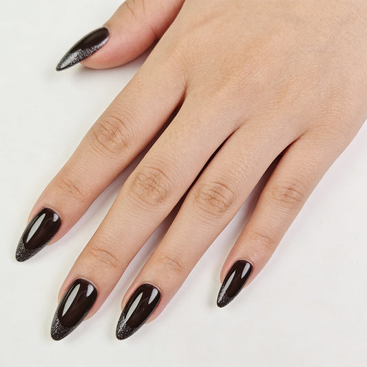 Gothic Elegance Long Almond Dark Black Nails with Sparkling Gradient Tips