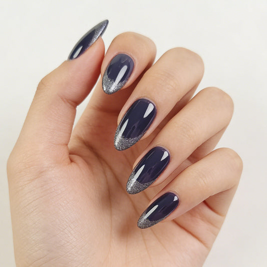 Glamorous Night Sky Long Almond Dark Purple Nails with Sparkling Silver Tips