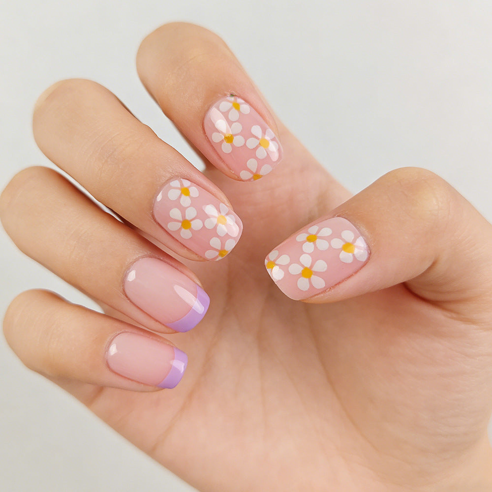Blossoming Garden Medium Square Pink Floral Press on Nail Set with Elegant Lavender Tips