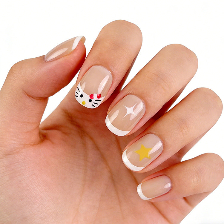 Whimsical Charm Medium Squoval Transparent Design with Cute Cat and Star Accents Press-On Nail Set