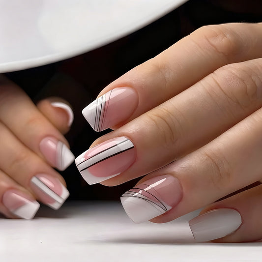 Elegant Simplicity Medium Square White with Chic Black Line Design Press On Nail Set