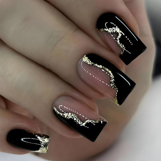 Glamorous Midnight Elegance Medium Square Black Nails with Gold Wave Design