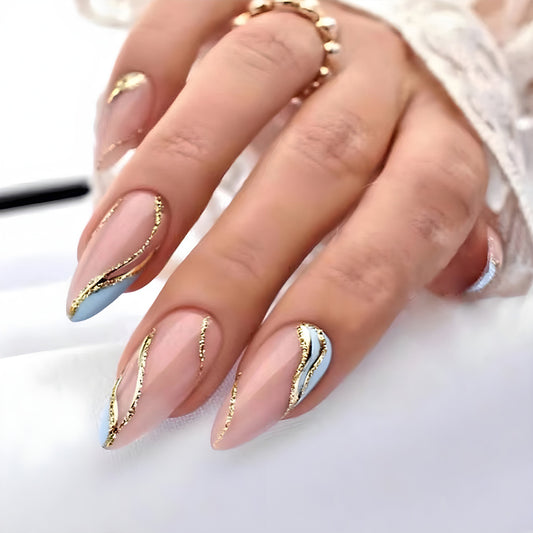 Chic Elegance Long Almond Blue and Beige Gradient with Gold Accent Detail Press on Nail Set