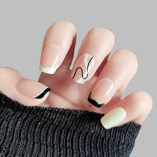 Artistic Elegance Medium Square Mint Green with Black Line Design Press On Nail Set