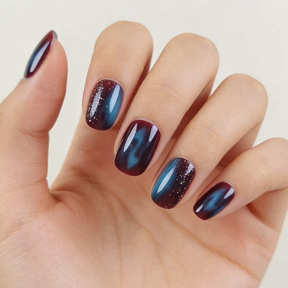 Galactic Elegance Medium Squoval Burgundy and Blue Ombre Press on Nail Set with Sparkling Accents