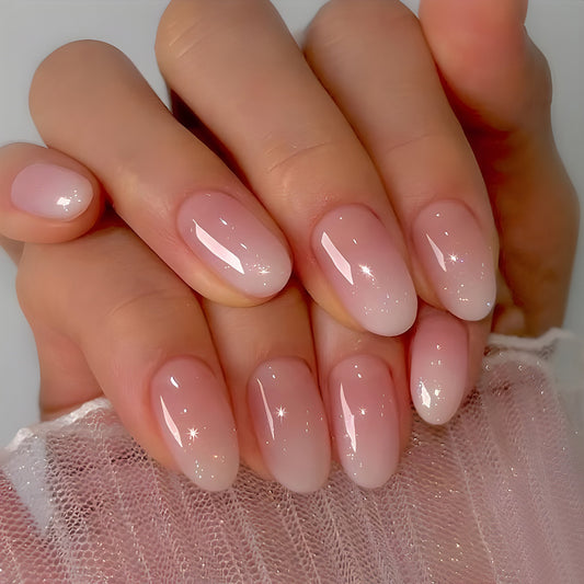 Elegant Dreamy Ombre Medium Almond Pink Gradient Press On Nail Set with Sparkling Finish