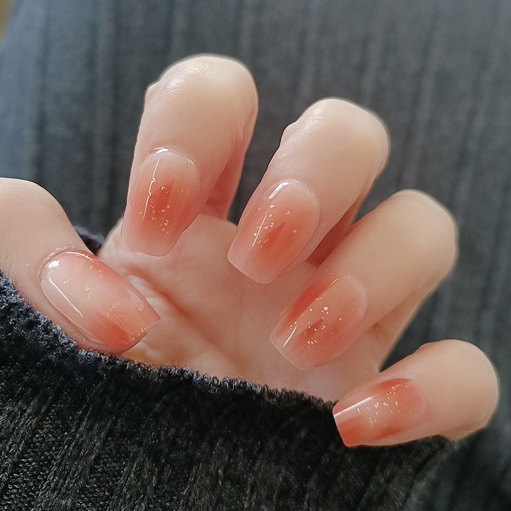 Chic Elegance Medium Square Peach Ombre Press on Nail Set with Sparkling Glitter Finish