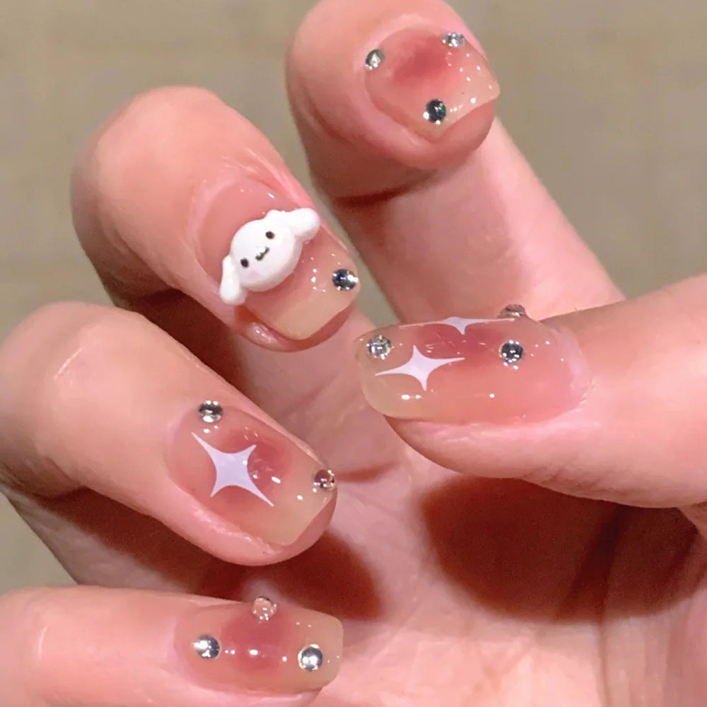 Whimsical Dreamland Short Square Clear Nails with Adorable Cloud Design and Sparkling Accents