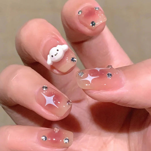 Whimsical Dreamland Short Square Clear Nails with Adorable Cloud Design and Sparkling Accents