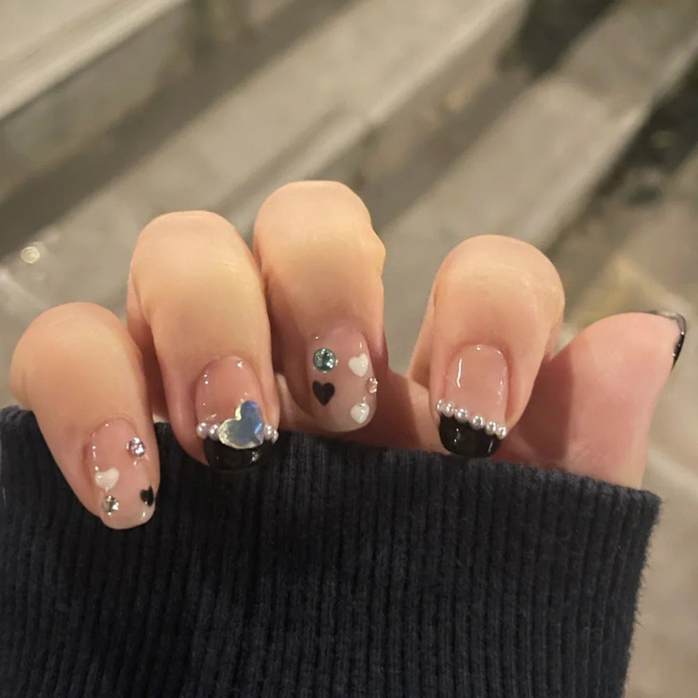 Romantic Night Press On Nail Set Medium Squoval Black and Beige with Charming Gemstone Accents