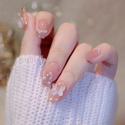 Enchanted Garden Long Coffin Pink with Butterfly Accent and Glittering Pearls Press-On Nail Set