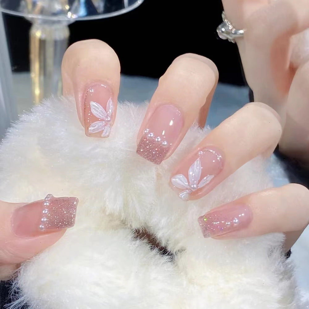 Whimsical Elegance Medium Square Blush Pink Press On Nail Set with Floral and Glitter Accents