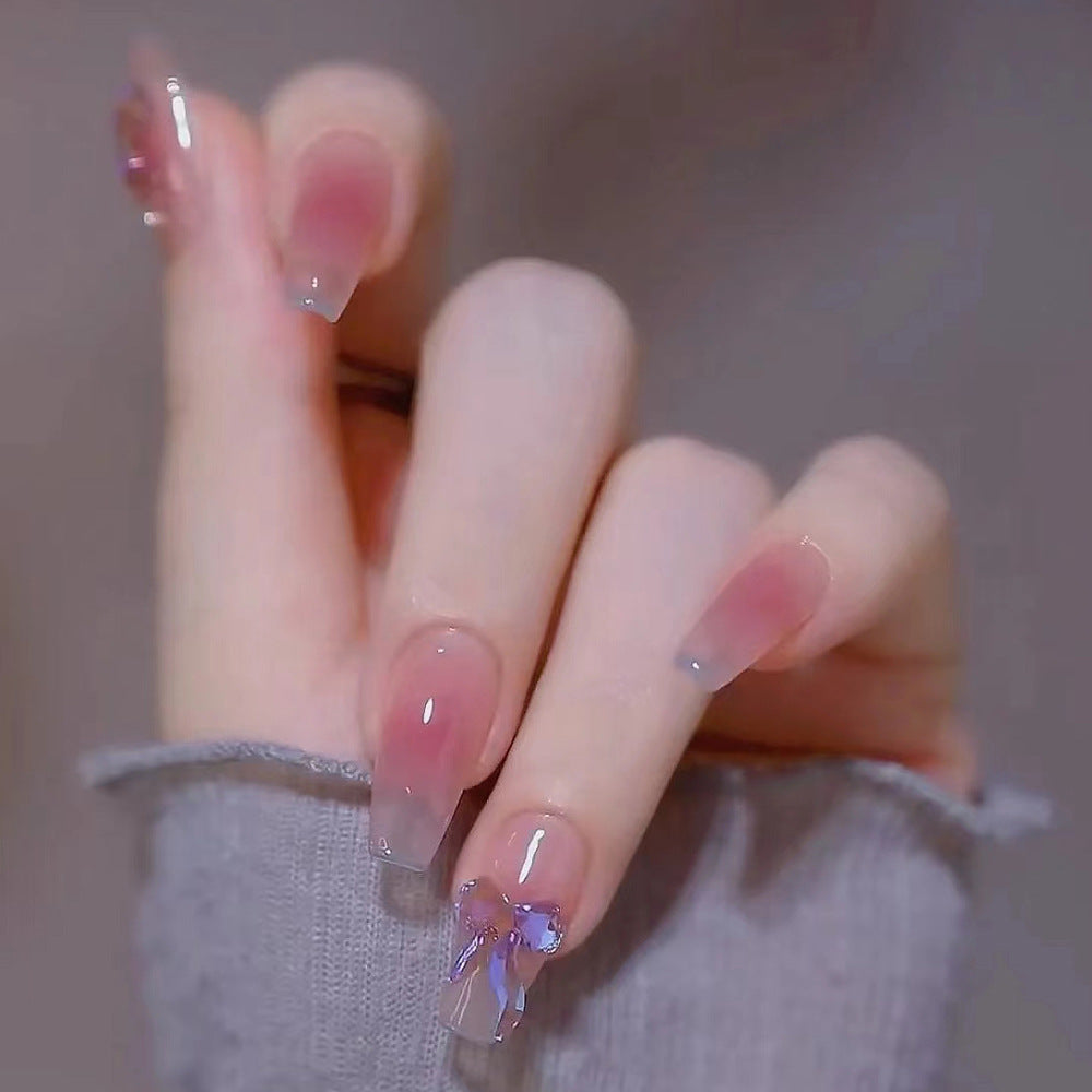 Dreamy Blossom Shimmering Long Coffin Pink Ombre with Dazzling Bow Press On Nail Set