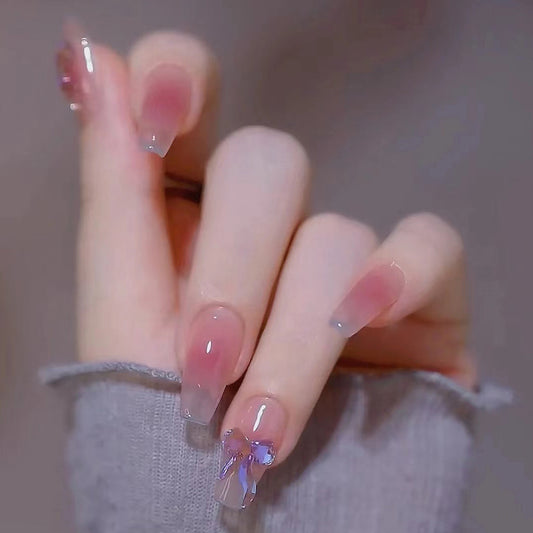 Dreamy Blossom Shimmering Long Coffin Pink Ombre with Dazzling Bow Press On Nail Set