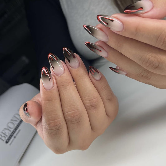 Fiery Elegance Long Almond Press On Nail Set Gradient Beige Red Black Chrome Tips