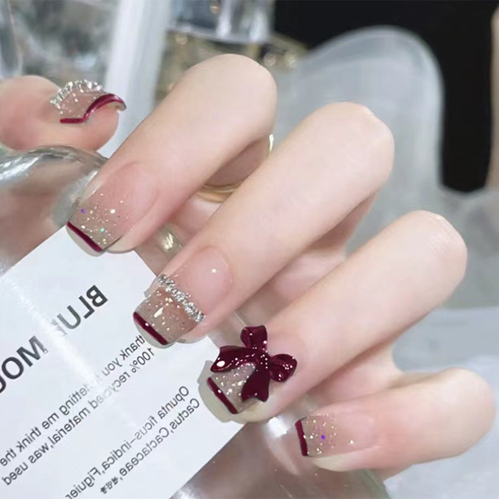 Charming Holiday Delight Medium Square Burgundy with Glitter and Bow Press-On Nail Set