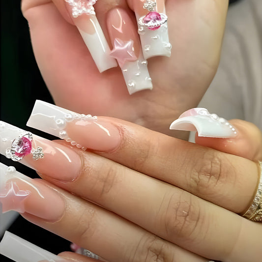 Dreamy Princess Long Square White and Pink Press On Nail Set with Gemstone Embellishments