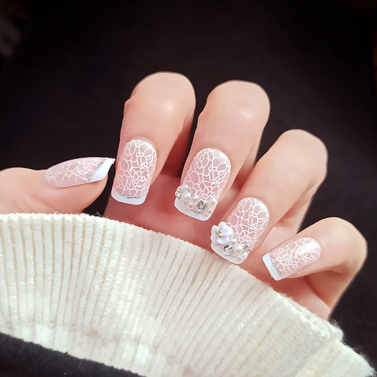 Enchanted Elegance Medium Square White Floral Press-On Nail Set with Stunning Embellishments