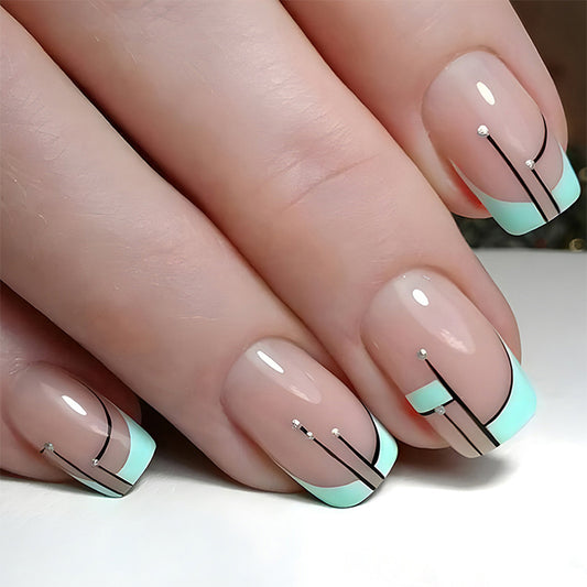 Elegant Ocean Breeze Square Press On Medium Nail Set Mint Green with Chic Accent Lines and Silver Beads