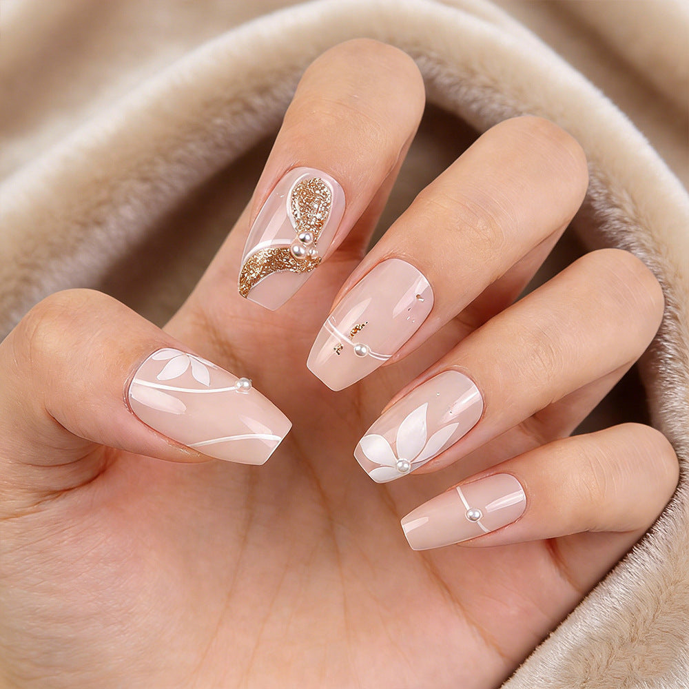 Elegant Blossom Medium Coffin Beige Press On Nail Set with Shimmering Gold Accents and Pearl Embellishments