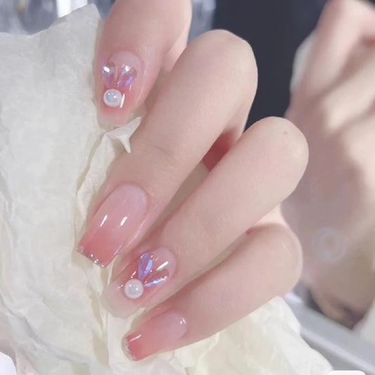 Enchanted Garden Medium Square Ombre Pink with Iridescent Floral Accents Press On Nail Set