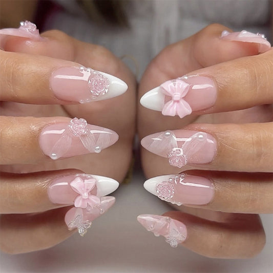 Charming Floral Fantasy Long Almond Pink Press On Nail Set with Embellished Floral Designs